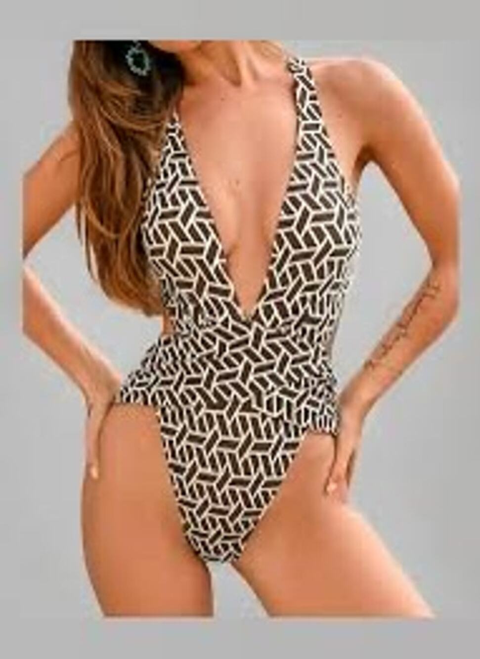 CUPSHE Brown White Geometric Plunge One Piece Swimsuit NWT Large
